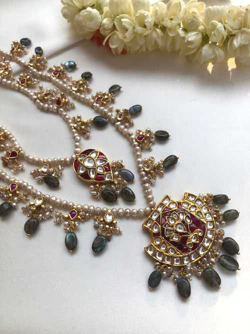 2 line satlada style necklace with kundan enamel & grey onyx beads