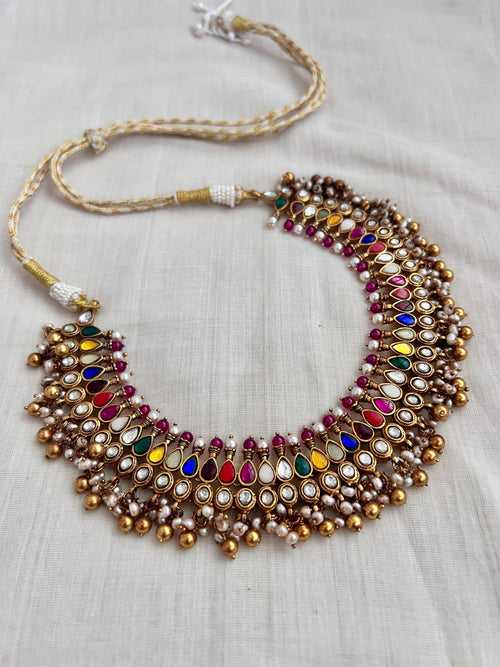 Antique gold polish kundan & navrathana necklace with pearls & gold beads