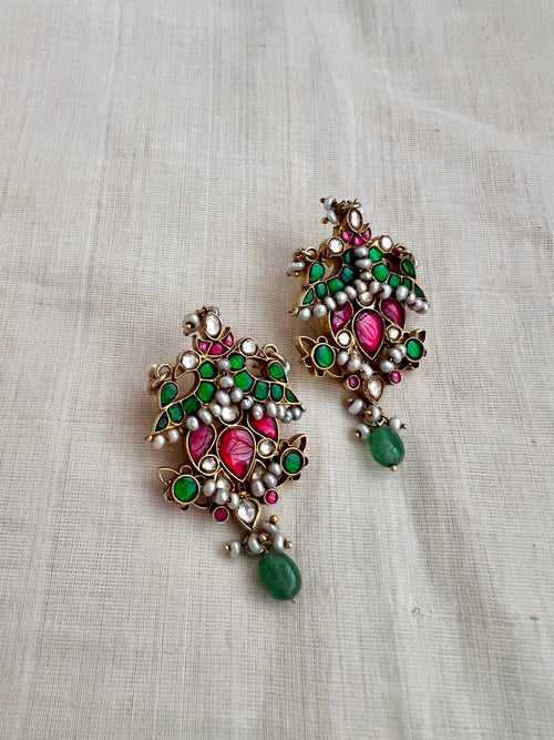 Antique gold polish kundan, ruby & emerald earrings with antique pearls