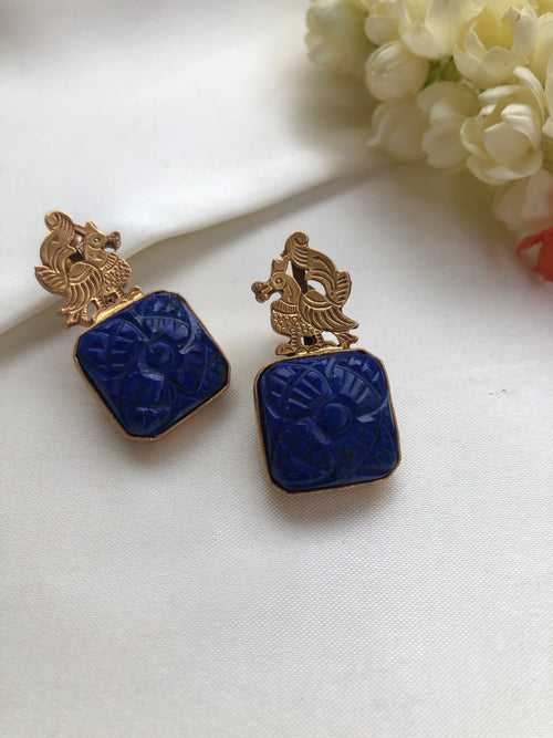 Antique polish peacock earrings with carved natural lapis stone