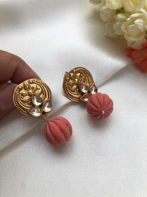 Antique style kundan earrings with coral pumpkin bead