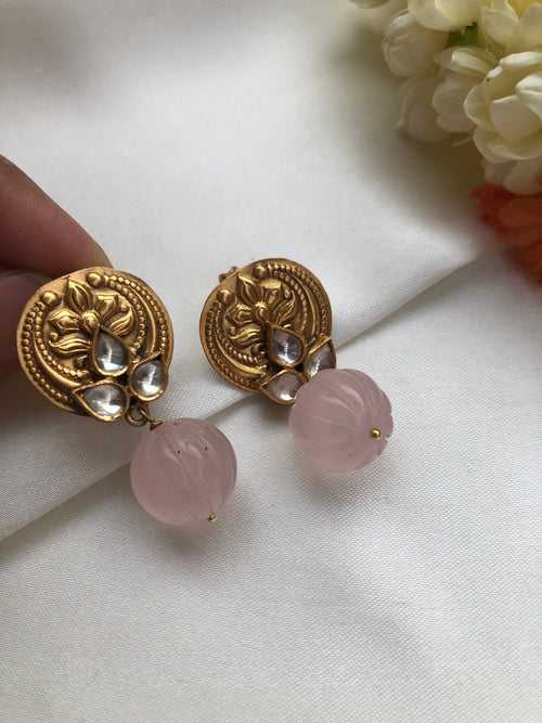 Antique style kundan earrings with rose quartz pumpkin bead