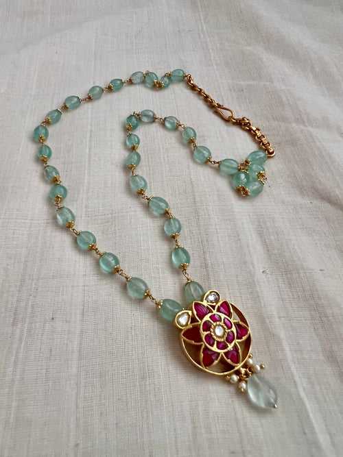Gold polish jade beads chain with kundan & ruby pendant