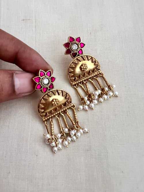Gold polish kundan and ruby earrings with pearls