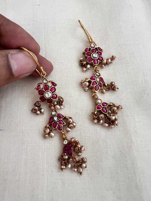 Gold polish kundan and ruby hangings with pearls