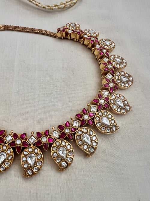 Gold polish kundan and ruby paisley necklace (Made to order)