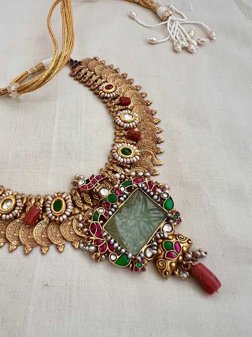 Gold polish kundan antique style kasamala with carved jade stone