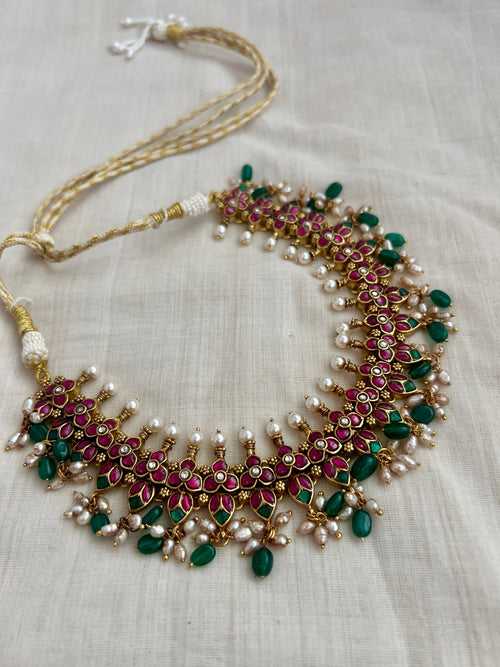 Gold polish kundan, emerald & ruby necklace with pearls and green onyx beads