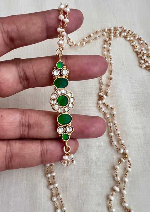 Gold polish kundan & green side mope with pearls long chain