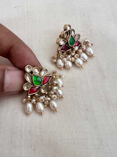 Gold polish kundan, ruby and emerald earrings with pearls