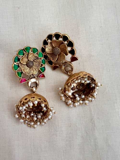 Gold polish kundan, ruby and emerald jhumkas with pearls