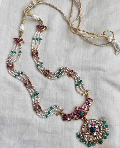 Gold polish kundan, ruby and emerald pendant with pearl chain