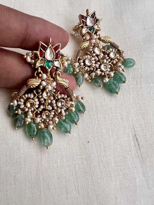 Gold polish kundan, ruby & emerald earrings with pearls & jade beads