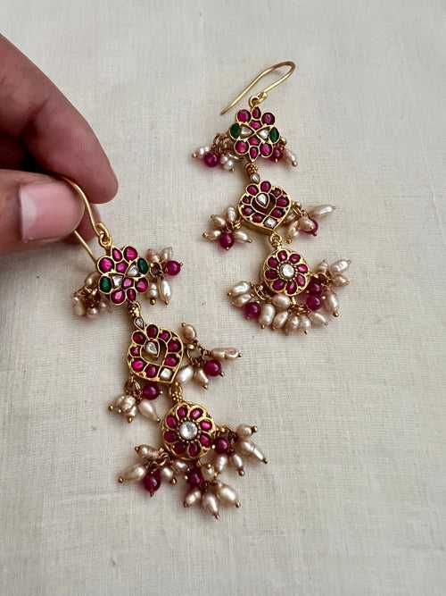 Gold polish kundan, ruby & emerald hangings with pearls and ruby beads