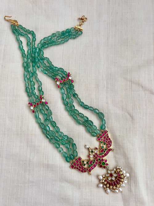 Gold polish kundan, ruby & emerald magri pendant with jade beads chain