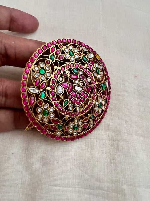 Gold polish kundan, ruby & emerald peacock hair clip/jade billa