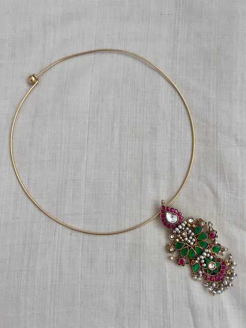 Gold polish kundan, ruby & emerald pendant with hasli chain