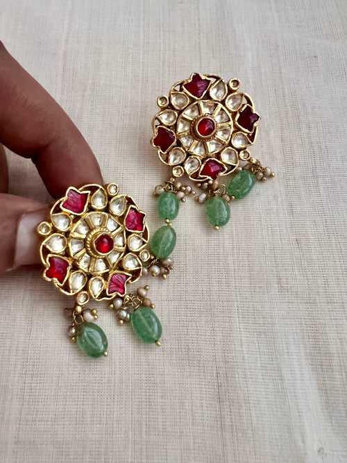 Gold polish kundan & ruby studs with pearls and jade beads