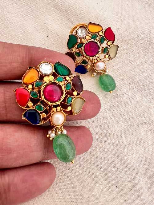 Gold polish navrathana earrings