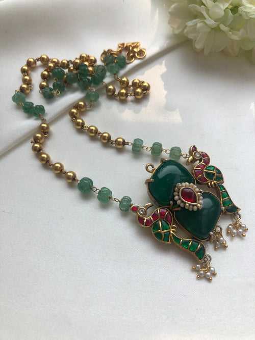 Green onyx kundan pendant with green jade pumpkin and gundu beads chain