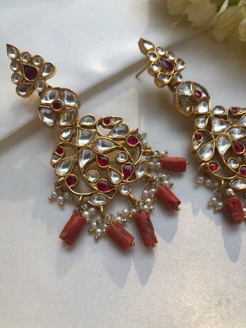 Kundan earrings with ruby and coral beads