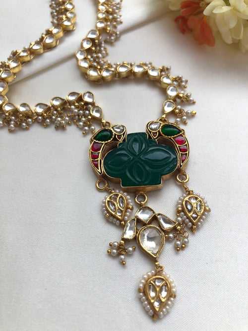 Kundan & pearls chain with green onyx and kundan birds necklace