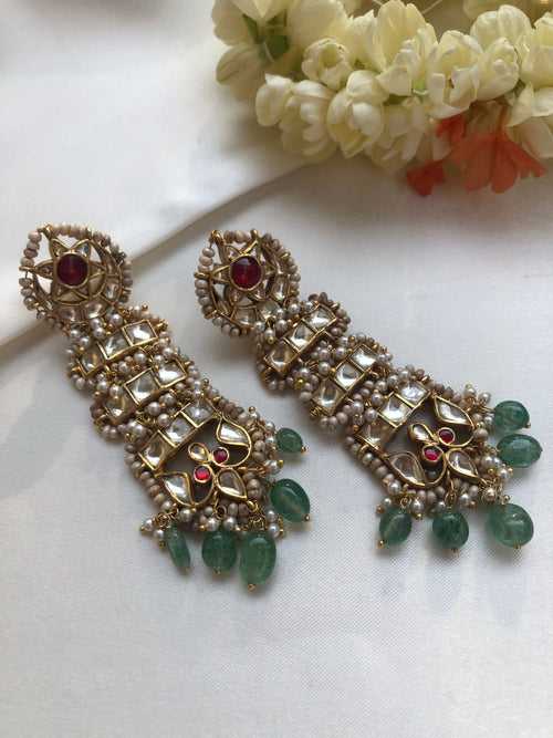 Long kundan earrings with pearls & green beads