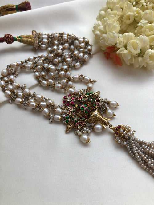 Long pearls bunch 3 line necklace with antique pearls tassle style pendant