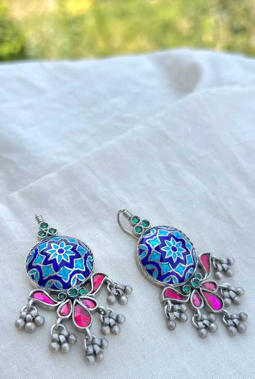 Shades of blue enamel with greena nd pink stones at bottom