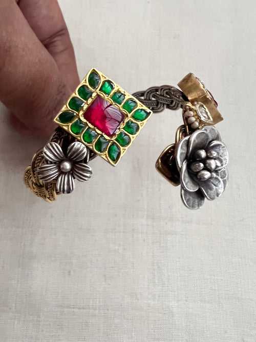 Two tone flexible kada with emerald & ruby stone with flowers