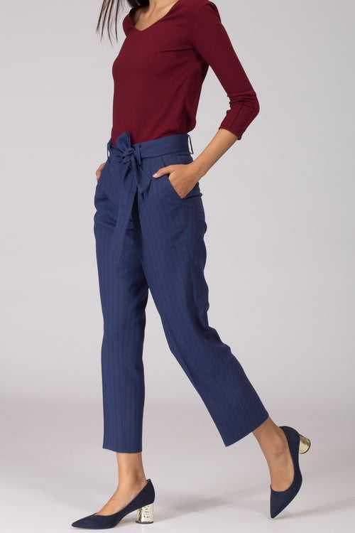 Cobalt Pinstripe Pleated Trousers with Belt