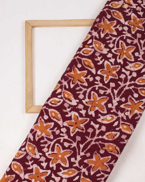 Brown Off-White Floral Hand Block Wax Batik Rayon Fabric
