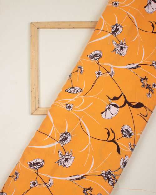 Light Orange Black Floral Pattern Screen Print Rayon Fabric