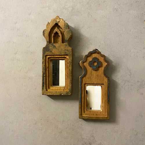 Antique Wooden Small Mirrors (Set of 2)