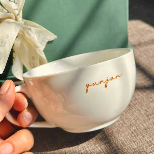 White Cappuccino Mug Cursive: Engraved