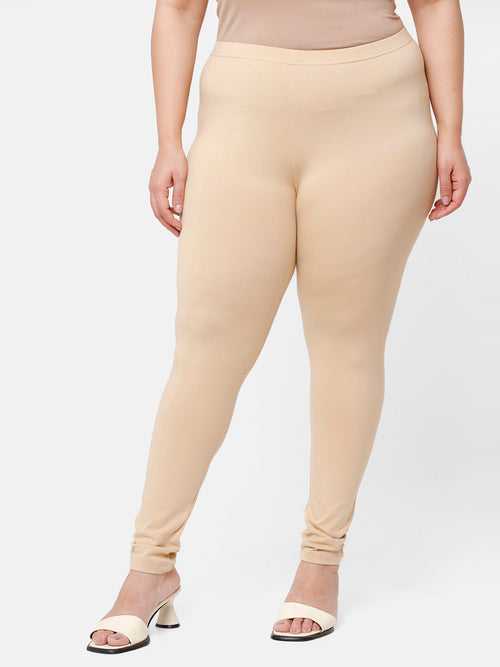 Ladies Plus Size Ankle Length Leggings Beige Solid Cotton