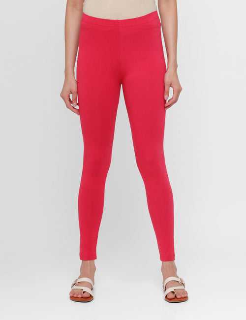 Women Ankle Length Leggings Dark Pink Solid Cotton