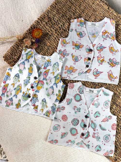 BABY MUSLIN 3 PACK VEST-FISH, BIRDS & SPACE