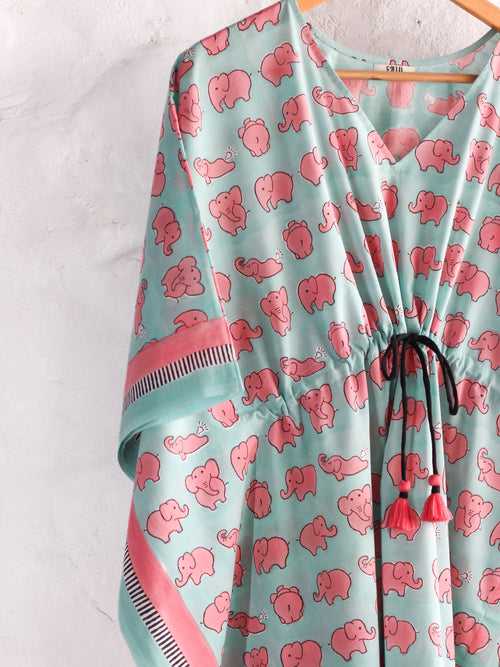 Kaftan- Elephants in Mint & Pink