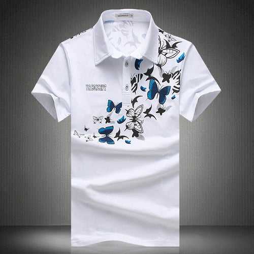 new summer men's large size short-sleeved POLO shirt Korean style slim butterfly print lapel half-sleeved T-shirt for men