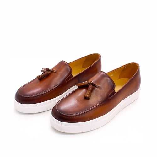 High-End Men's Tassel Loafers Cowhide Leather Casual Pumps Men's Summer Breathable One Pedal Brown Leather Shoes Men