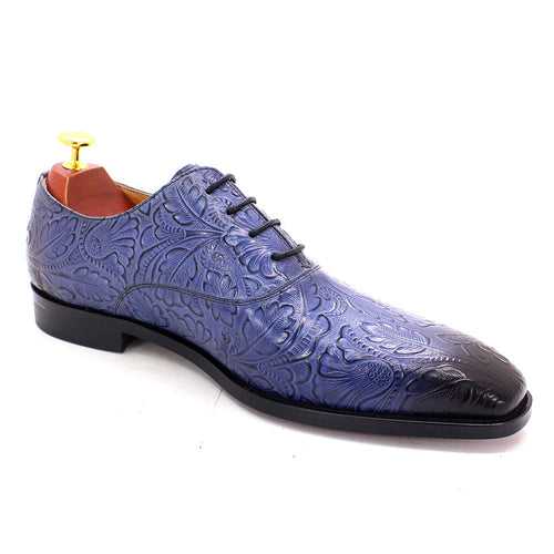 Men's Business Formal Wear Shoes Oxford Shoes Genuine Leather Blue Black Embossed Buckle Lace up Pointed Toe Party Wedding Shoes