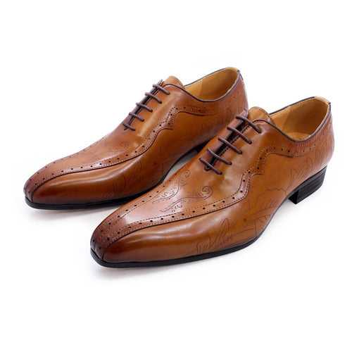 Men Shoe Leather Shoes Men Genuine Leather Pointed Toe Men's Business Casual Shoes Carved Brown Oxford Shoes Exclusive for Cross-Border