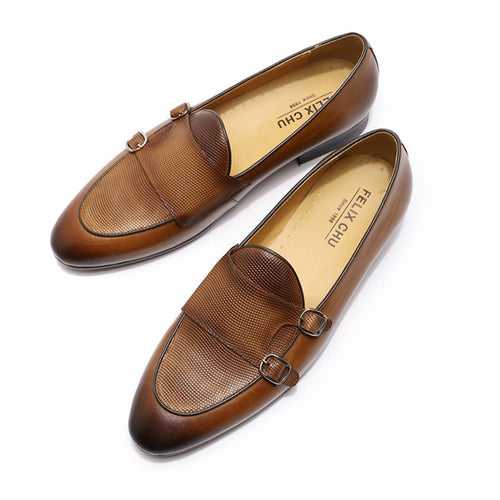 European and American Double Buckle One Pedal Loafer Men's Casual Business Men's Shoes Cowhide Handmade Leather Shoes Men's Leather Monk Shoe