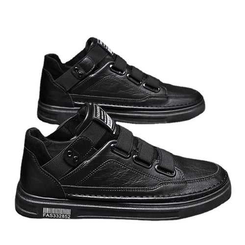 autumn and winter new mid-top black leather shoes men's trendy shoes casual non-lace-up skate shoes men's one piece dropshipping