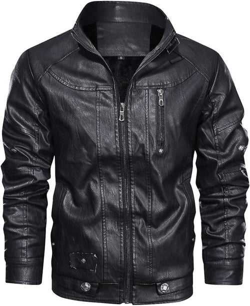 Men's Lather Jacket Casual Stand Collar Pu Faux Zip Motorcycle Bomber Jacket