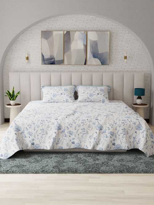 Blooms Blue Printed Cotton Bed Sheet by Houmn