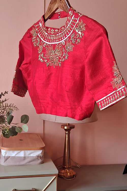 Red Embroidered Silk  Blouse(PL-106)