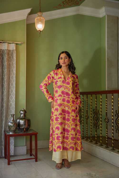 Yellow Hand Block Printed Floral Tunic Set (Set of Two)