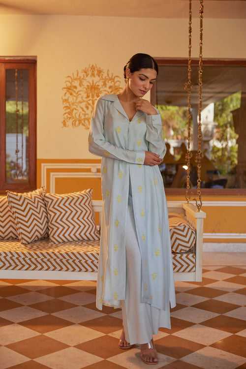 Soft Blue Embroidered Tunic with Solid Pants